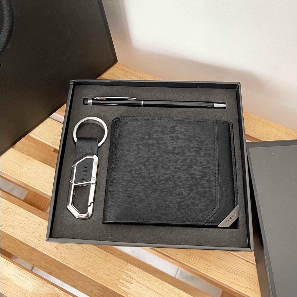set ví nam PEDR0 kèm bút + móc khóa full box, túi giấy hãng