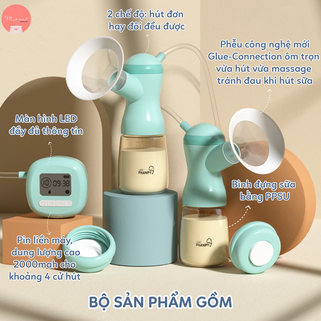 [Tặng áo rảnh tay] Máy hút sữa đôi &amp; đơn pin 2200mAh bình nhựa PPSU | Máy đơn &amp; đôi PHANPY