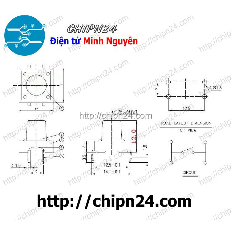 [5 CÁI] Nút nhấn 4 chân 12x12x12mm