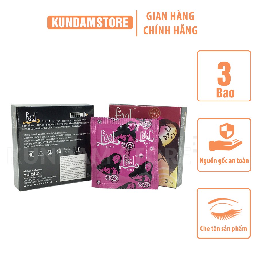 Bao cao su Gân gai Feel 4in1 Malaysia - Kéo dài thời gian - thỏa mãn cuộc yêu - Đưa người yêu lên đỉnh – Hộp 3 chiếc