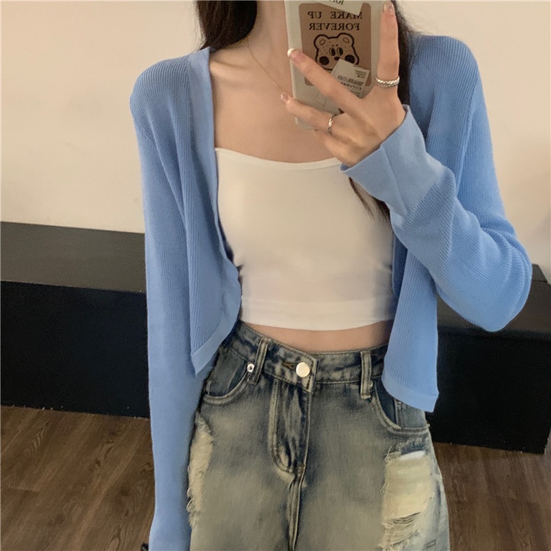 Áo cardigan SUXI dệt kim tay dài màu trơn chống nắng thời trang mùa hè cho nữ