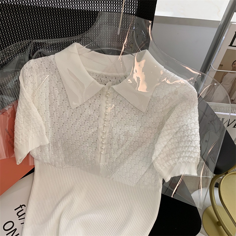 Áo polo dệt kim ZHELIHANGFEI tay ngắn thêu họa tiết đính ngọc trai phong cách thời trang cao cấp cho nữ