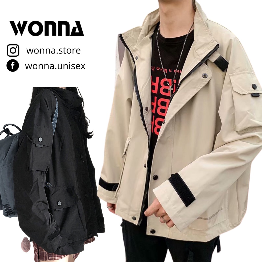 Áo khoác Jacket sơ mi ulzzang unisex form rộng oversize Hàn Quốc street style đen be nude nam nữ vải dù 2 lớp