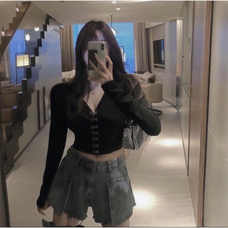 Áo croptop kiểu nữ tay dài ôm sát body thun gân cúp ngực trơn đen - Order taobao quảng châu