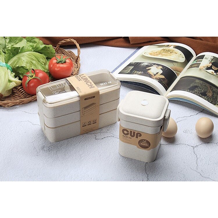 Hộp cơm 3 tầng lúa mạch kèm đũa thìa cao cấp dành cho dân văn phòng