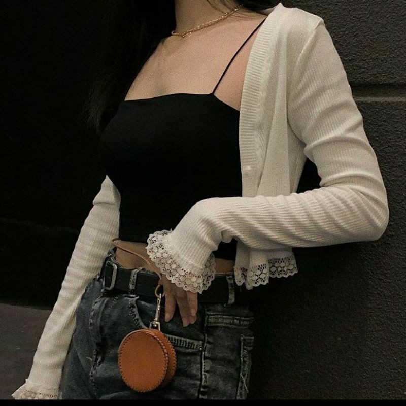 ÁO CROPTOP TAY DÀI REN CÚC THẬT THUN GÂN A2-RDD