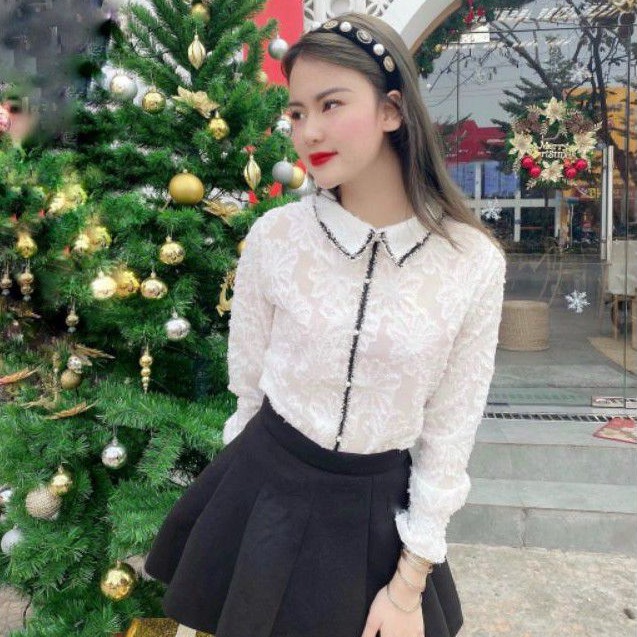 Áo Kiểu Nữ, Dài Tay, Chất tơ lông hoạ tiết hoa, phối viền đen, khuy ngọc