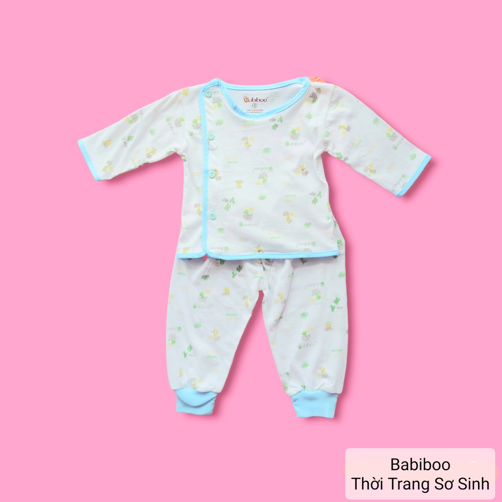 Bộ quần áo sơ sinh tay dài cài lệch Babiboo 100% cotton họa tiết nhí cho bé
