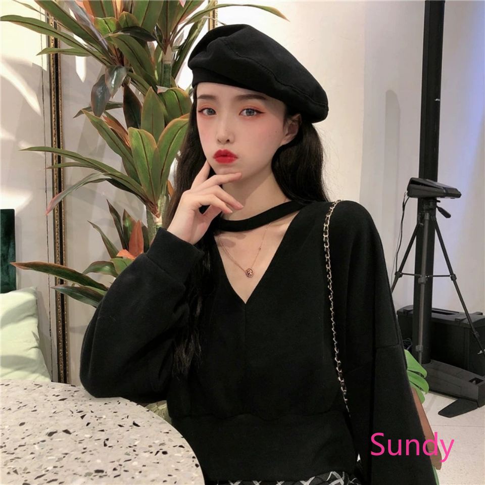 Áo len tay dài cổ chữ V form rộng phong cách Hàn Quốc cho nữ