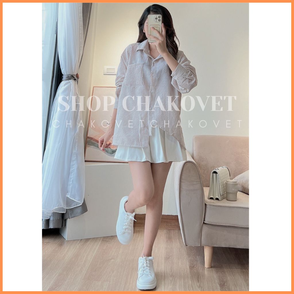 Áo Sơ Mi Kẻ Sọc Vạt Lệch Tiểu Thư A8431 Áo Đũi Xốp Xẻ Lưng Phong Cách Vintage Hàn Quốc Đi Chơi Cực Xinh Xắn Cá Tính