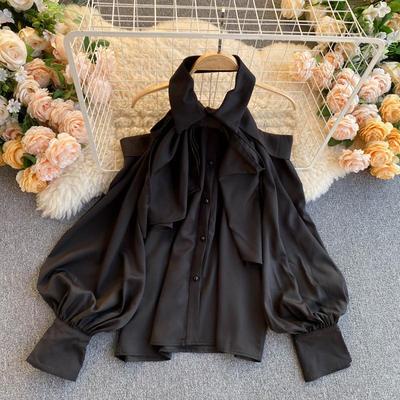 Áo sơ mi hở vai cổ nơ dài tay ulzzang   230222