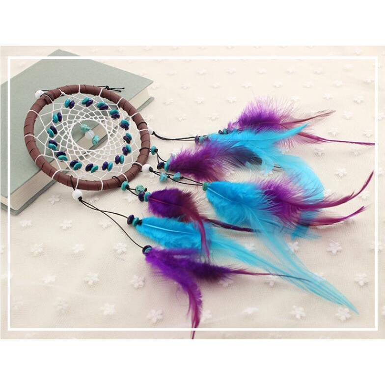 Dreamcatcher Đính Lông Vũ Màu Ngọc Lam Trang Trí Nhà Cửa
