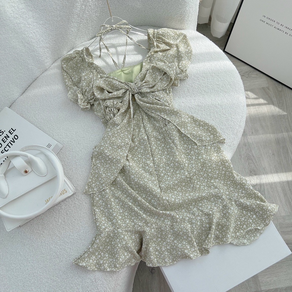 Đầm Hoa Xanh 💖DEMISS💖 Váy Hoa Xanh Nơ Lưng Chân Bèo Đính Nhíu Ngực Nhẹ Nhàng - V-HOA-74