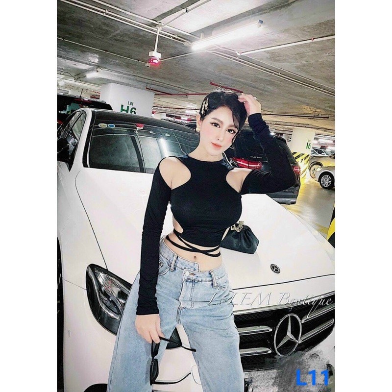 Áo thun kiểu tay dài cổ tròn phối khoét vai khoét eo buộc dây cá tính sexy chất thun lụa mềm mịn mát