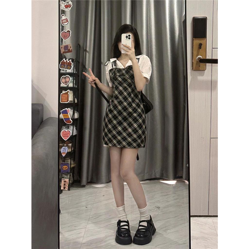 63634 Đầm Ôm Hông Giả Hai Lớp Phong Cách Preppy Retro Mỹ