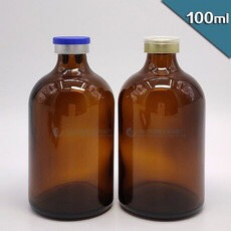 chai lọ đựng vacxin tiêm heo bò gà 100cc nâu, lọ thủy tinh đựng vacxin bao gồm nắp nhôm và nút cao su