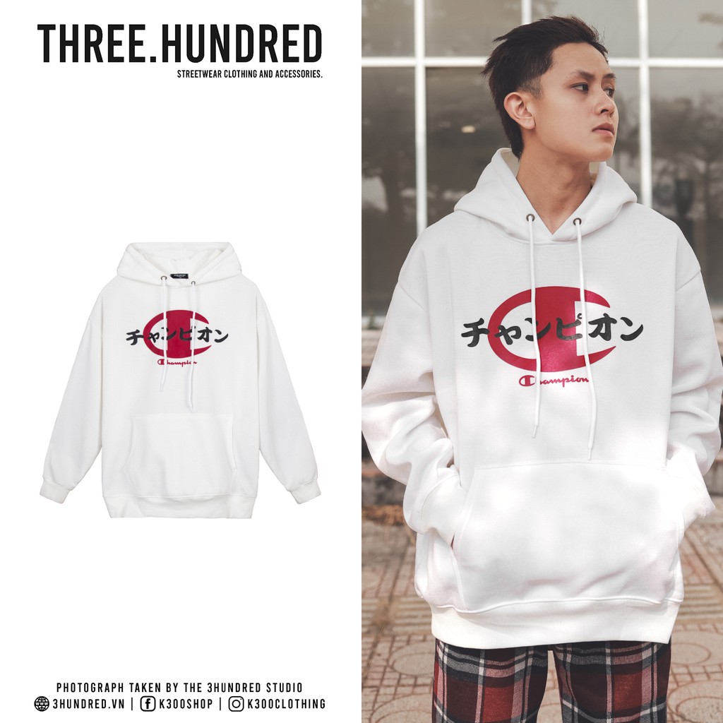 Áo Hoodie In Chữ Champion Nhật Sắc Nét Phía Trước-Chất Nỉ Bông Cotton Mỏng Nhẹ-Form Rộng Rãi Unisex Nam Nữ-Màu Trắng