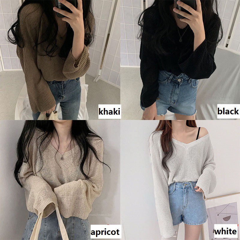Áo Len Mỏng Áo Dệt Kim Mỏng Dáng Rộng Tay Dài 3 Màu Trơn Tùy Chọn Cho Nữ