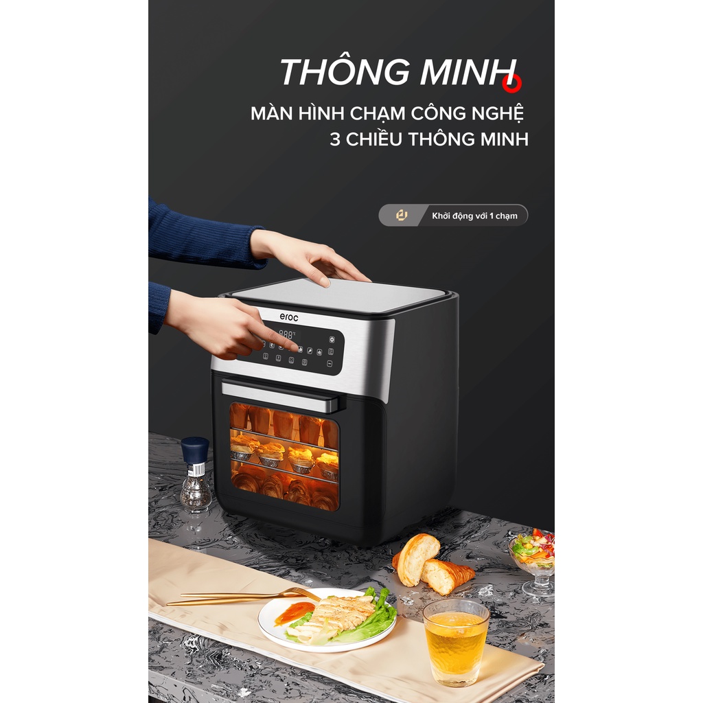 Nồi Chiên Không Dầu Kèm Chức Năng Nướng 10 Lít, Nút Bấm Cảm Ứng, Cửa Tháo Rời, Full Phụ Kiện Eroc V-Z1 Bảo Hành 12 Tháng