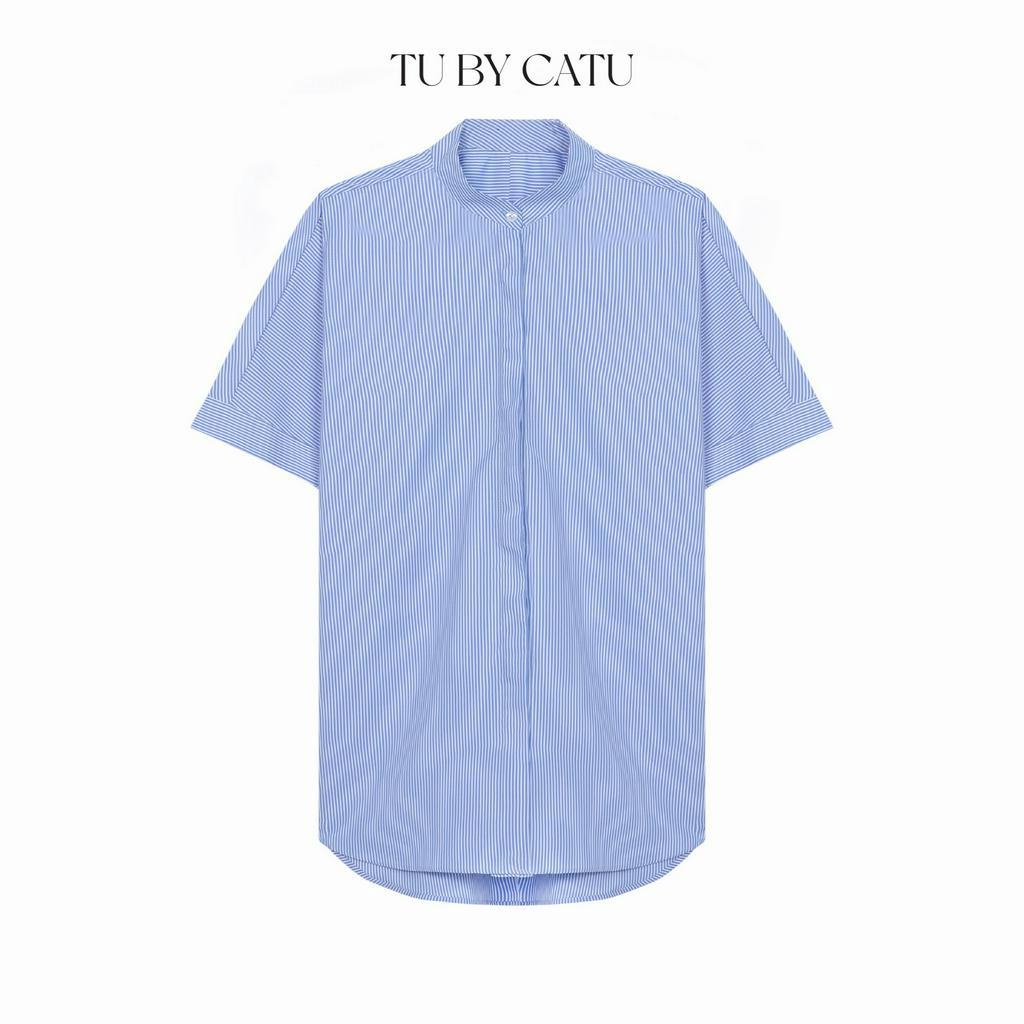 TUBYCATU | Đầm sơ mi sọc xanh cổ trụ