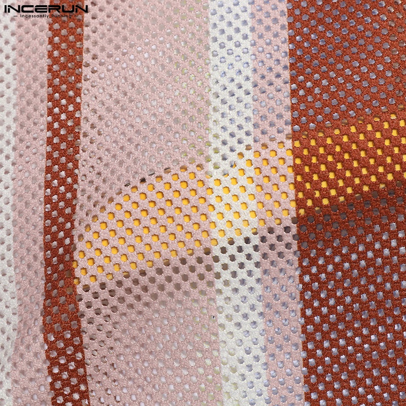 Áo thun INCERUN tay ngắn họa tiết sọc lưới nhiều màu sắc thoải mái cho nam