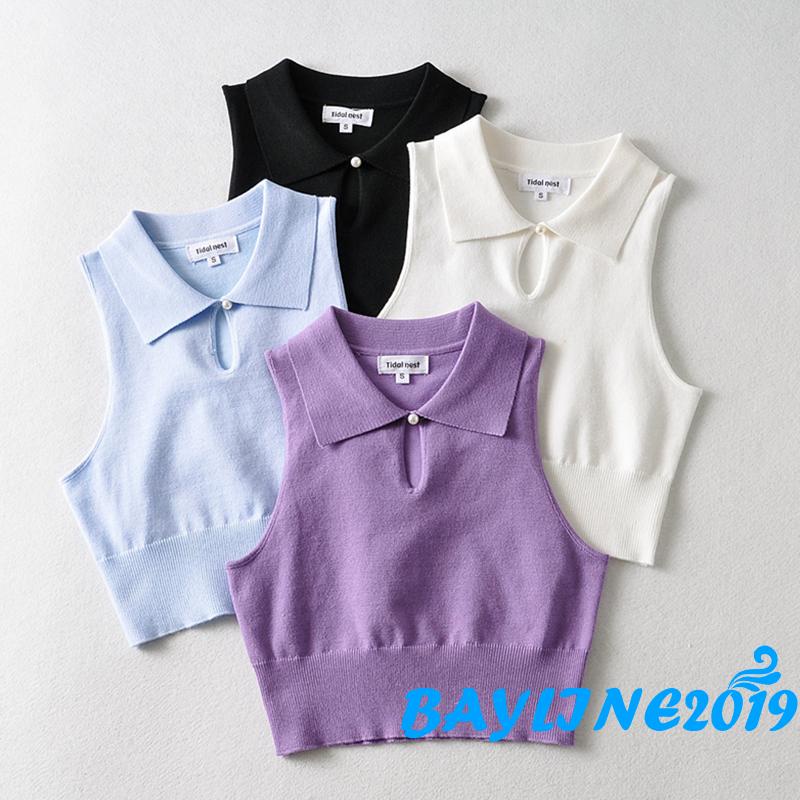 Áo Croptop Dệt Kim Sát Nách Cổ Bẻ Màu Trơn Thời Trang Mùa Hè Cho Nữ