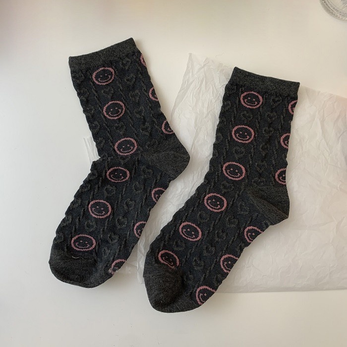 Vớ Cotton Trắng Cổ Vừa In Hình Mặt Cười Trái Tim Phong Cách Nhật Hàn Thời Trang Xuân Hè Cho Nữ