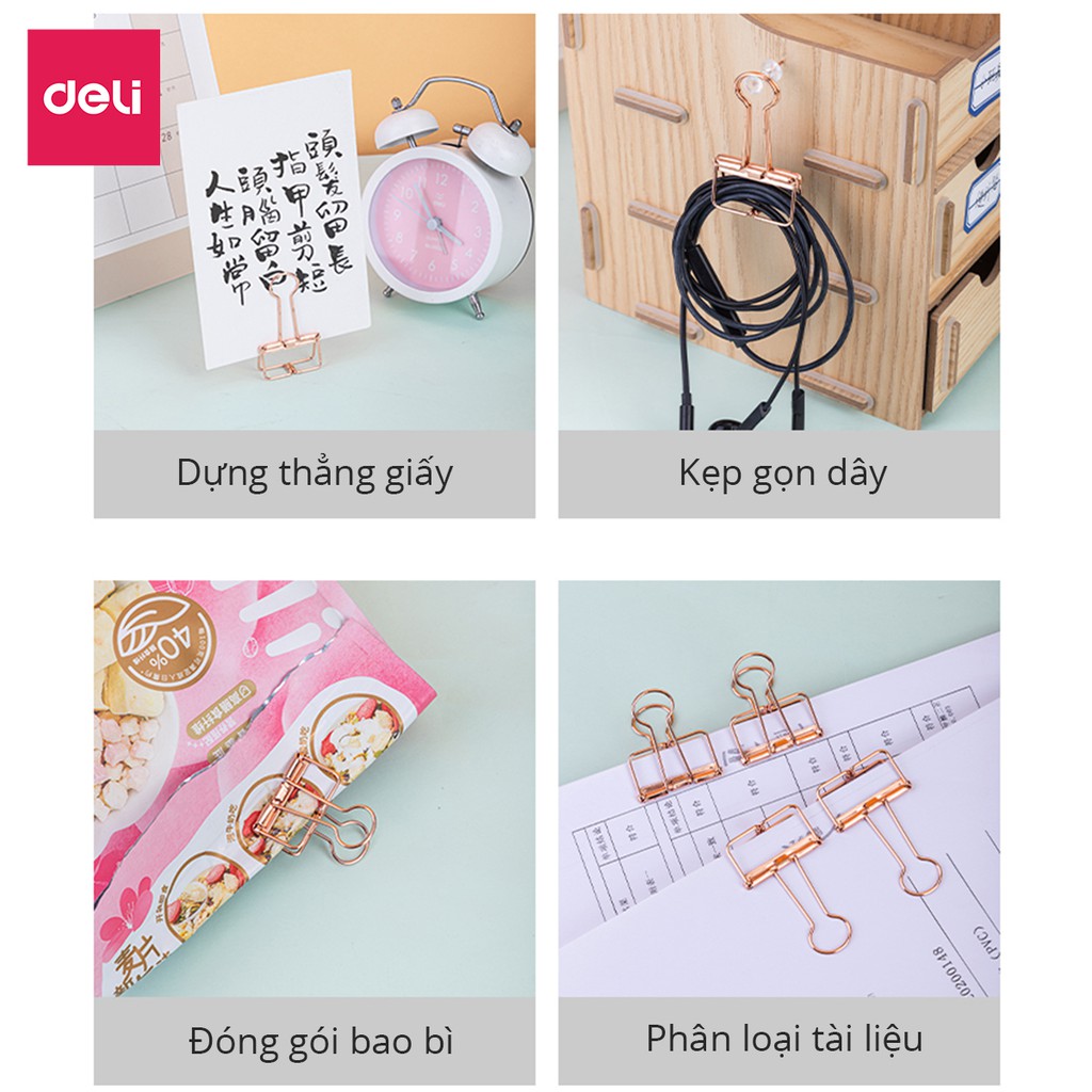 [LIFEMC02BPABAU -10% đơn 250K] Kẹp bướm kim loại văn phòng Deli - Set 6/8 chiếc - Màu vàng hồng - 9414/9415