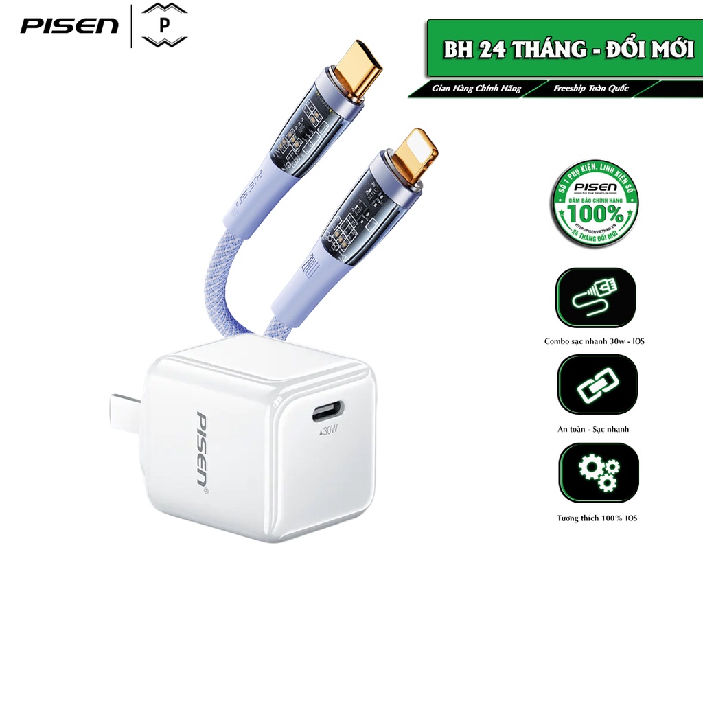 Combo sạc nhanh cao cấp Pisen Quick 30W Ice Crystal Rainbow,sạc nhanh, công suất sạc 30w kèm cáp trong suốt