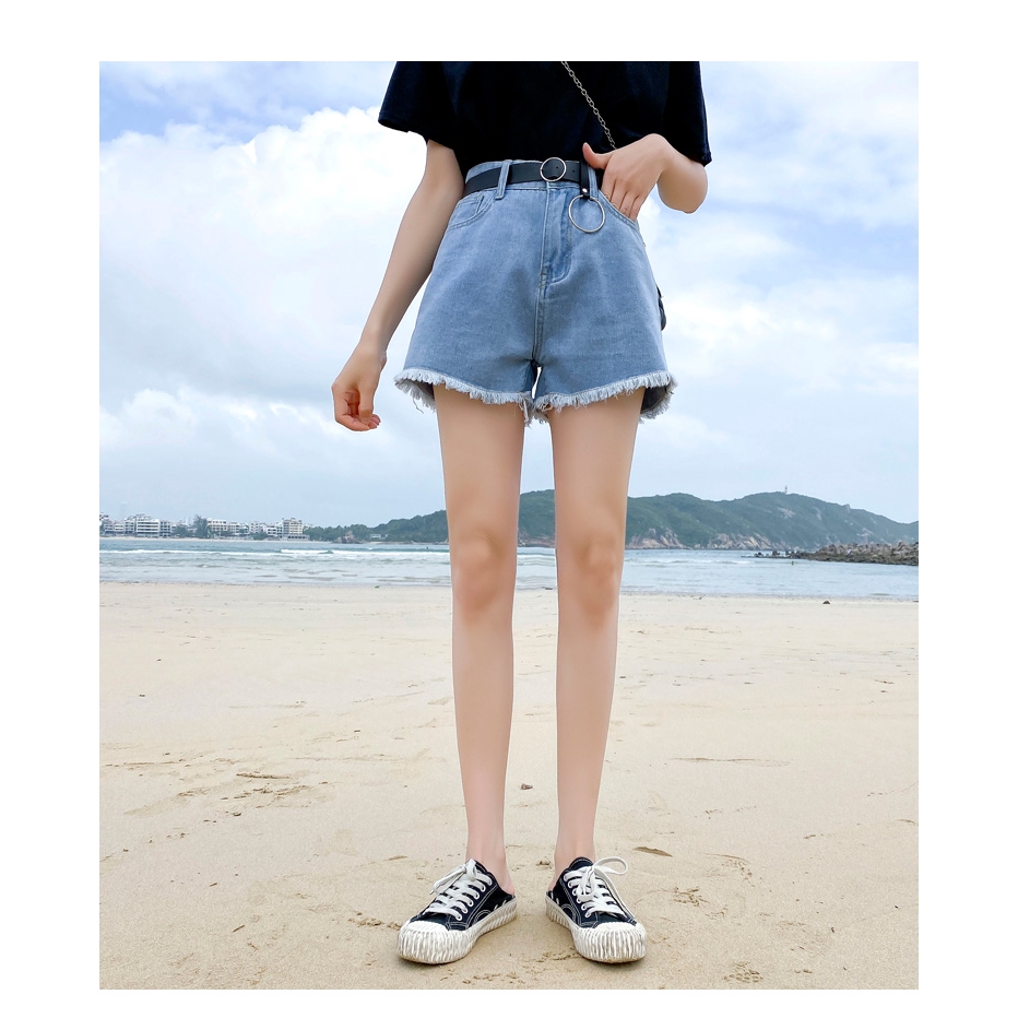 Quần Short Denim Lưng Cao Ống Rộng Màu Trơn Phong Cách Hàn Quốc Cho Nữ