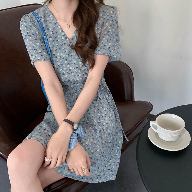 [CÓ SẴN] VÁY ĐẦM HOA NHÍ NGẮN TAY XANH DƯƠNG BABYBLUE FULLSIZE BUỘC DÂY THỜI TRANG ULZZANG HÀN QUỐC CAO CẤP LOẠI 1