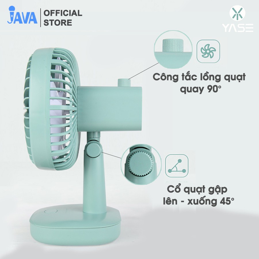 [LOẠI XỊN LỒNG XOAY - CÓ ĐÈN] Quạt tích điện mini Yase Fan-JAVA V1 - Có chân để bàn - 3 tốc độ gió - Dùng 2-4h | BigBuy360 - bigbuy360.vn