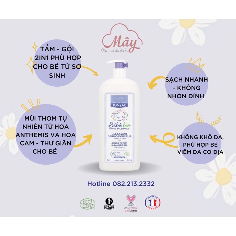 Sữa tắm gội 2in1 hữu cơ cho bé từ sơ sinh Eau Thermale Jonzac Gel Lavant