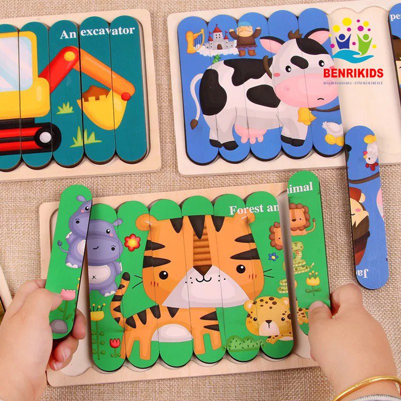 Đồ Chơi Giáo Dục Montessori Set 7 Tranh Ghép Gỗ 2 Mặt Domino Cho Bé Phát Triển Tư Duy