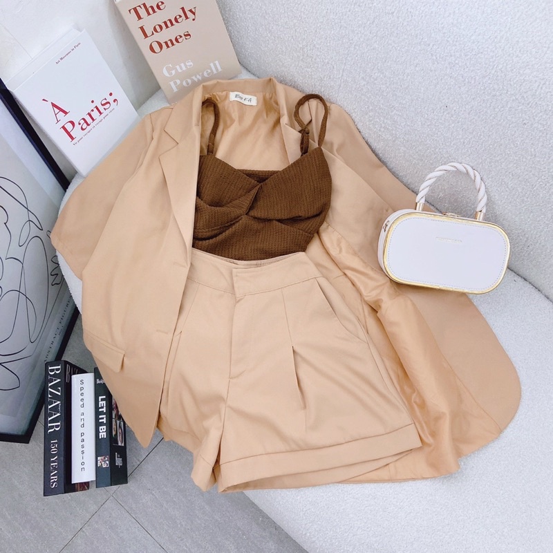 SET 3 MÓN : ÁO VEST NÂU + ÁO BRA NÂU ĐẬM + QUẦN SHORT