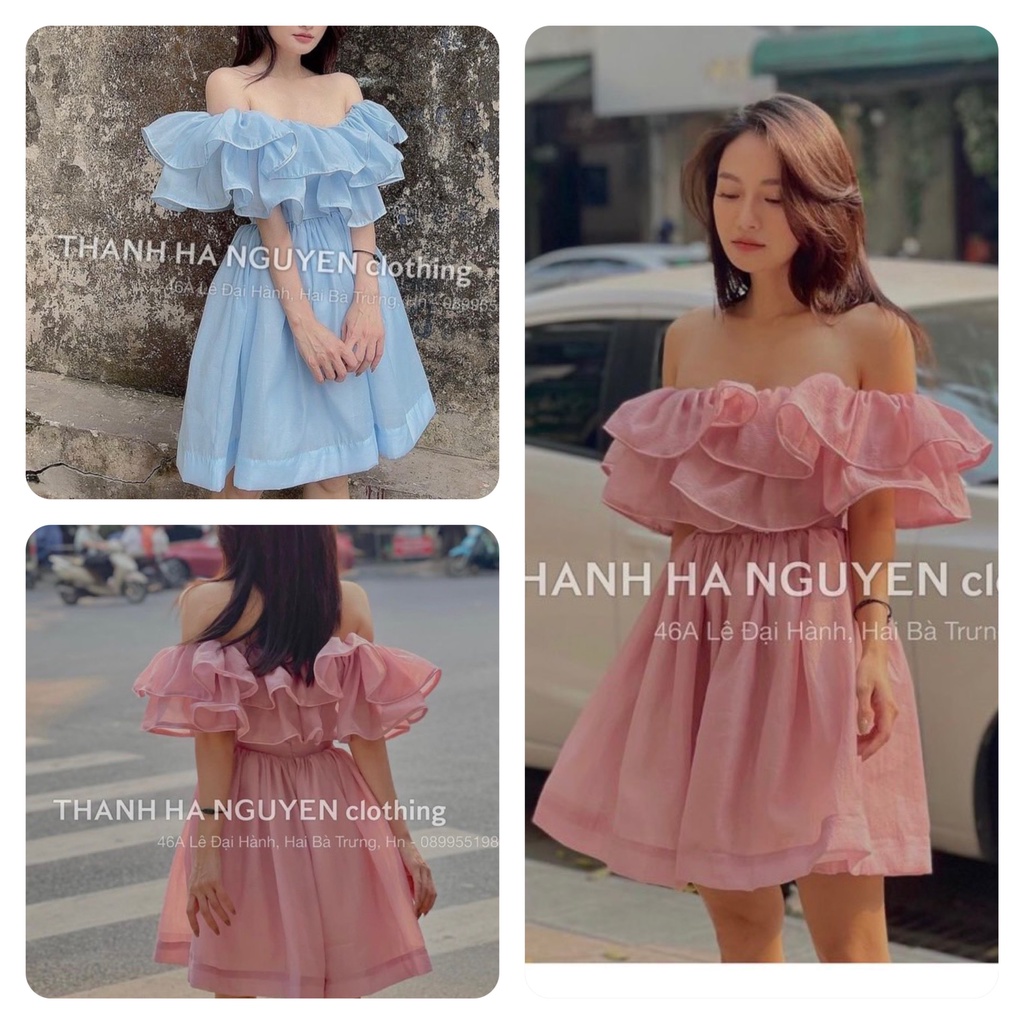 Đầm dạo phố trễ vai bèo xòe tầng chất tơ voan đầm dự tiệc xinh xắn - umi Dress