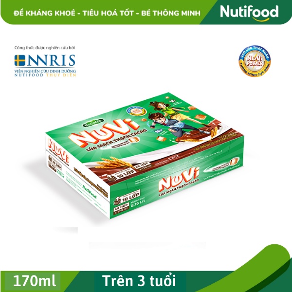 [Date mới] Sữa Nuvi ⚡NutiFood⚡ NuVi Sữa Lúa Mạch Thạch Cacao - Thùng 48 hộp x 170ml- Cao hơn, thông minh hơn