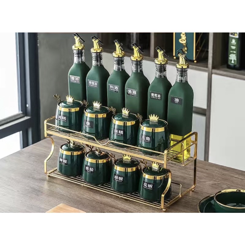 Bộ gia vị sứ xanh viền vàng 11 | 15 chi tiết nắp hình vương miệng hoàng gia