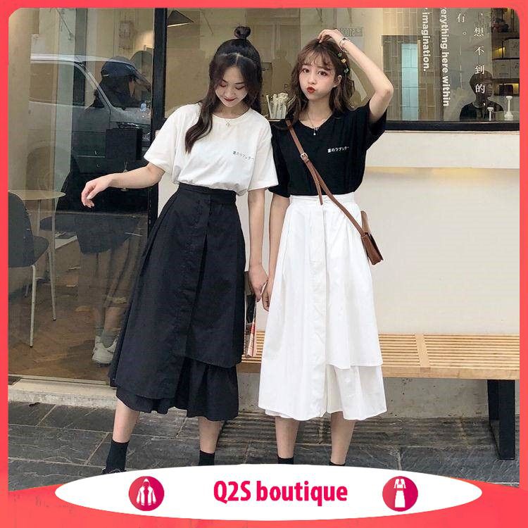 [Xả Kho] Chân Váy Xòe Đen Trắng Basic KIỂU VẠT LỆCH ULZZANG