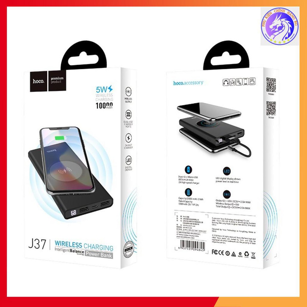 Sạc Dự Phòng Hoco J37 Kiêm Sạc Không Dây- 2 Cổng USB Hỗ Trợ Sạc Nhanh10000MAH Chuẩn QI - BH 12 Tháng Chính Hãng