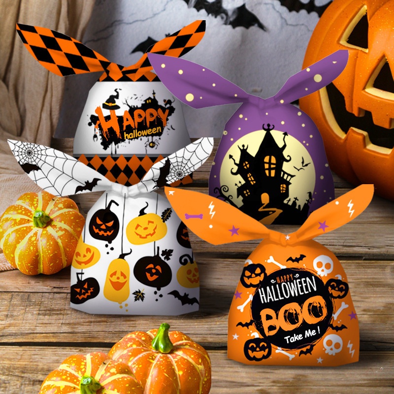Bộ 50 Túi Đựng Kẹo / Bánh Quy Hình Dơi / Bí Ngô Halloween Dễ Thương Cho Bé