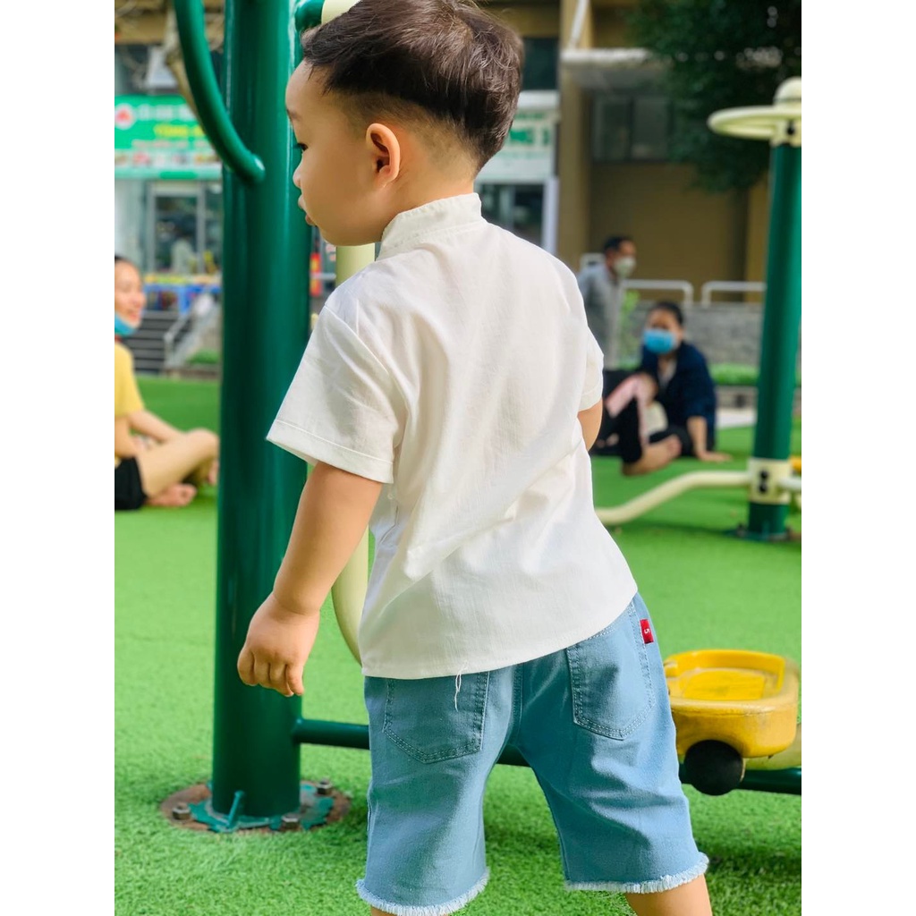 Set sơ mi đũi quần jean cho bé trai phong cách Hàn Quốc chất co giãn mềm cỡ 9-23kg hàng chuẩn size Hongvybaby