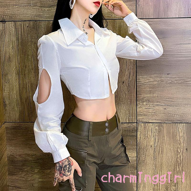 Áo Croptop Tay Dài Cổ Bẻ Màu Trơn Dáng Ôm Cài Khuy Thời Trang Mùa Xuân Cho Bạn Gái