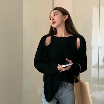 QKOOLE  Áo Thun Dệt Kim Tay Dài Cổ Tròn Màu Sắc Đơn Giản Phong Cách Hàn Quốc Cho Nữ
