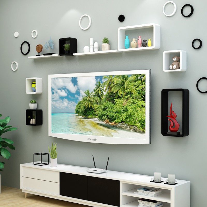 Rẻ và đẹp▩♕Kệ treo tường phòng khách Nền tivi trang trí vách ngăn tủ lưới sáng tạo