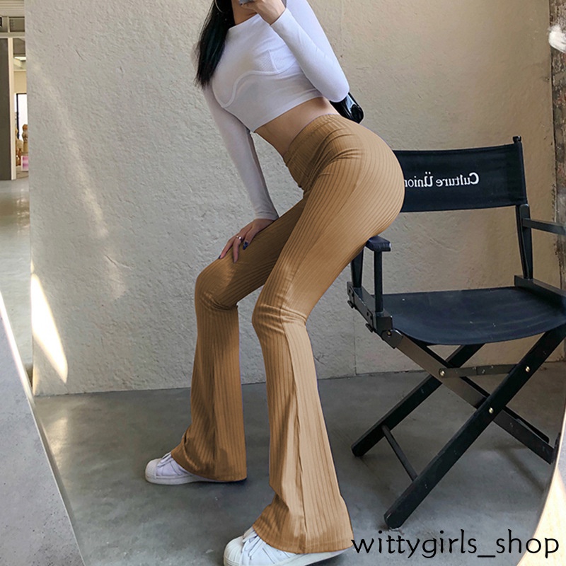 Wittygirls_shop | Quần Dài Lưng Cao Màu Sắc Trơn Phong Cách Quyến Rũ