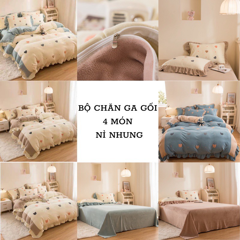 [LOẠI 1] Bộ Chăn Ga Gối tim 4 Món Nỉ Nhung mịn tuyết sữa Thêu Viền Bèo xinh xắn dầy dặn, siêu ấm Giá rẻ