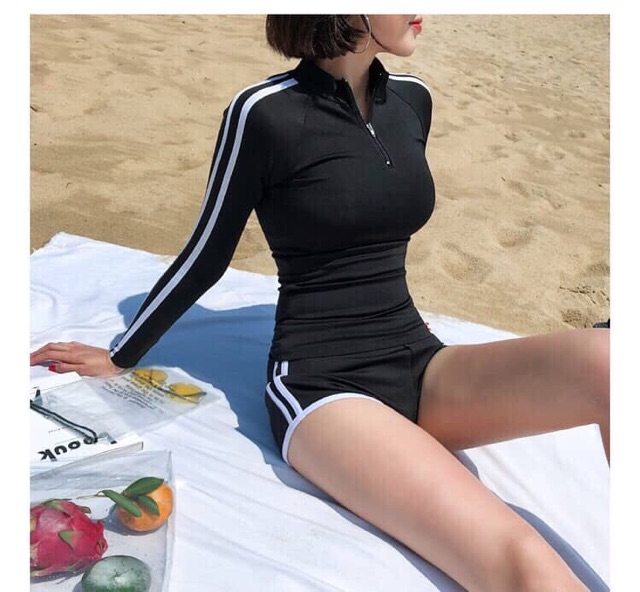 đồ bơi bikini tay dài đen quần đùi kín đáo dây kéo đi tắm biển học sinh - ATD 4.1 cao cấp | BigBuy360 - bigbuy360.vn
