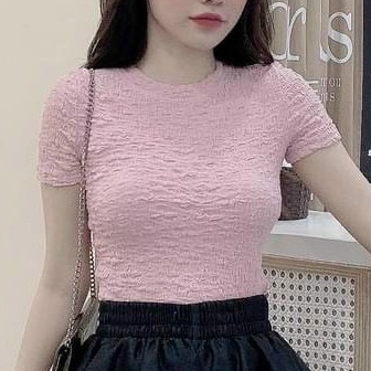 Áo croptop thun nữ kiểu vải xốp nhăn dáng ôm tay ngắn cổ tròn, Áo phông nữ ôm body trẻ trung cá tính