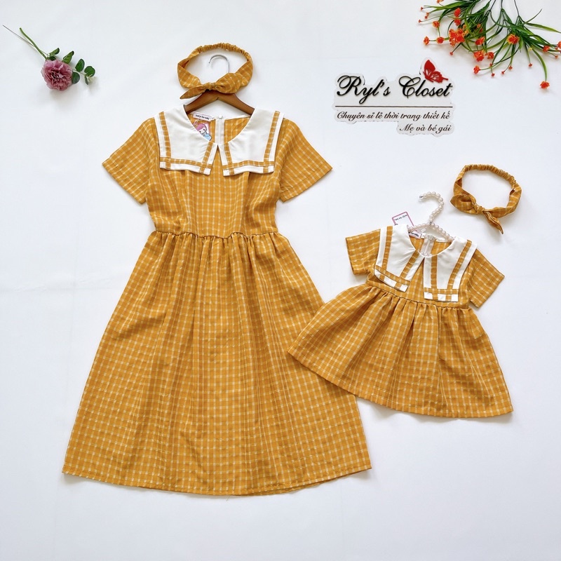 Váy Mẹ - Bé Caro Vàng 4kg đến 64kg Tay Ngắn, Đầm Bé Gái Vải Thô Đũi Siêu Mát